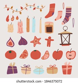Winter Christmas vector clip art illustration. Isolated elements for greeeting cards, invitations, social media design, posters. Christmas lights, candles, fruits, fig, presents, gifts, stocking socks