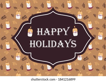 Winter Christmas Vector Greeting card, Printable Holiday card with festive candles and fir branches on brown background.