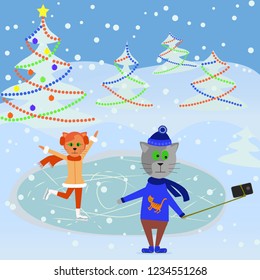 Winter Christmas vector illustration with cats, Christmas trees . Cat makes a selfie, cat skating.