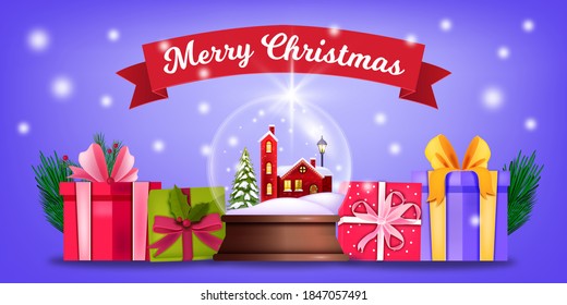 Winter Christmas vector illustration with snow ball, gift boxes, ribbon, shining lights. Holiday x-mas and New Year background with crystal globe, presents. Greeting festive postcard with snow ball