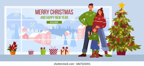 Winter Christmas vector landing page design with happy young family in holiday sweaters, x-mas tree, presents. New Year background with window, mother, father, daughter. Christmas family illustration 