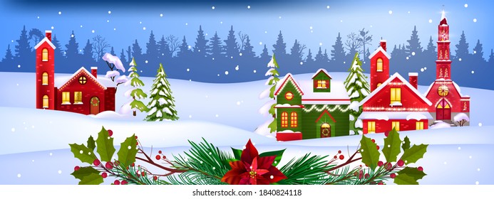 Winter Christmas vector landscape with decorated village houses facades, pine trees, snow, forest. X-mas holiday background with woodland, country buildings. Christmas houses illustration with holly