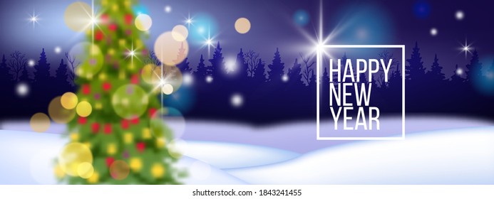 Winter Christmas vector landscape with decorated x-mas tree, snow, woodland silhouette. Holiday north night background with defocused fir, lights, stars. Happy New Year winter abstract landscape