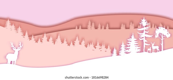 Winter Christmas vector landscape with snow, reindeer, forest outline, hills. Holiday season x-mas paper cut background with trees, pines silhouette. Winter minimal panoramic landscape in pink colors