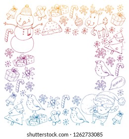 Winter Christmas vector pattern. Icons of Santa, snowman, deer, bell, Christmas tree. Merry Christmas Happy new year