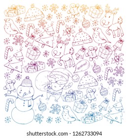 Winter Christmas vector pattern. Icons of Santa, snowman, deer, bell, Christmas tree. Merry Christmas Happy new year