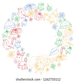 Winter Christmas vector pattern. Icons of Santa, snowman, deer, bell, Christmas tree. Merry Christmas Happy new year