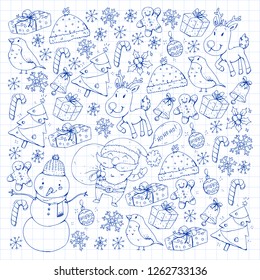 Winter Christmas vector pattern. Icons of Santa, snowman, deer, bell, Christmas tree. Merry Christmas Happy new year