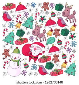 Winter Christmas vector pattern. Icons of Santa, snowman, deer, bell, Christmas tree. Merry Christmas Happy new year