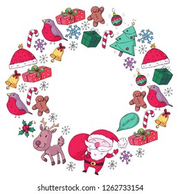 Winter Christmas vector pattern. Icons of Santa, snowman, deer, bell, Christmas tree. Merry Christmas Happy new year