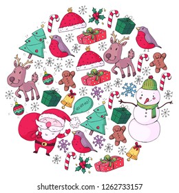 Winter Christmas vector pattern. Icons of Santa, snowman, deer, bell, Christmas tree. Merry Christmas Happy new year
