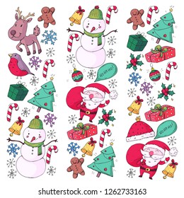 Winter Christmas vector pattern. Icons of Santa, snowman, deer, bell, Christmas tree. Merry Christmas Happy new year