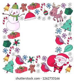Winter Christmas vector pattern. Icons of Santa, snowman, deer, bell, Christmas tree. Merry Christmas Happy new year