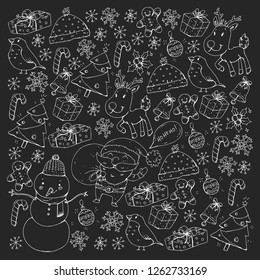 Winter Christmas vector pattern. Icons of Santa, snowman, deer, bell, Christmas tree. Merry Christmas Happy new year
