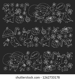 Winter Christmas vector pattern. Icons of Santa, snowman, deer, bell, Christmas tree. Merry Christmas Happy new year