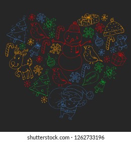 Winter Christmas vector pattern. Icons of Santa, snowman, deer, bell, Christmas tree. Merry Christmas Happy new year