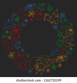 Winter Christmas vector pattern. Icons of Santa, snowman, deer, bell, Christmas tree. Merry Christmas Happy new year