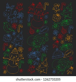 Winter Christmas vector pattern. Icons of Santa, snowman, deer, bell, Christmas tree. Merry Christmas Happy new year