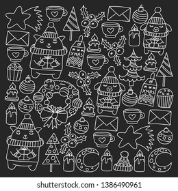 Winter Christmas vector pattern for wrapping paper with presents, cute cartoon animals. New year celebration.