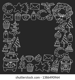 Winter Christmas vector pattern for wrapping paper with presents, cute cartoon animals. New year celebration.