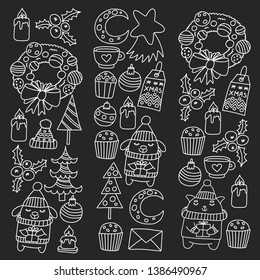 Winter Christmas vector pattern for wrapping paper with presents, cute cartoon animals. New year celebration.