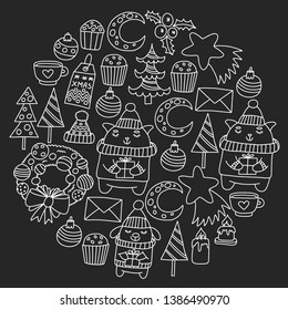 Winter Christmas vector pattern for wrapping paper with presents, cute cartoon animals. New year celebration.