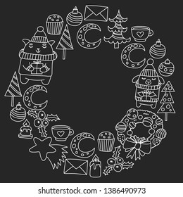 Winter Christmas vector pattern for wrapping paper with presents, cute cartoon animals. New year celebration.