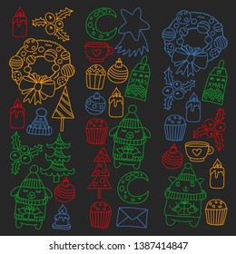 Winter Christmas vector pattern for wrapping paper with presents, cute cartoon animals. New year celebration.