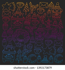 Winter Christmas vector pattern for wrapping paper with presents, cute cartoon animals. New year celebration.