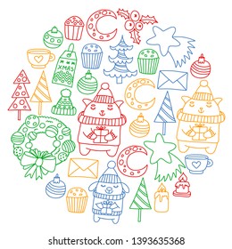 Winter Christmas vector pattern for wrapping paper with presents, cute cartoon animals. New year celebration.