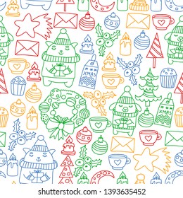 Winter Christmas vector pattern for wrapping paper with presents, cute cartoon animals. New year celebration.