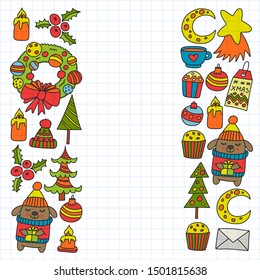 Winter Christmas vector pattern for wrapping paper with presents, cute cartoon animals. New year celebration.