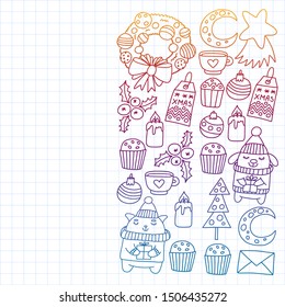 Winter Christmas vector pattern for wrapping paper with presents, cute cartoon animals. New year celebration.