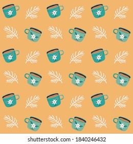 Winter Christmas vector seamless pattern with hot chocolate cups and fir branches on orange background.