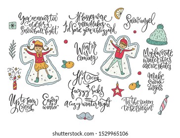 Winter and Christmas vector set. Calligraphy lettering greeting text and cartoon doodle holiday illustrations. Happy New year collection.