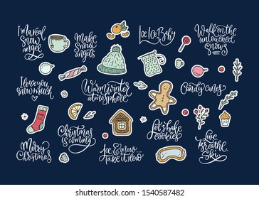 Winter and Christmas vector set. Calligraphy lettering greeting text and cartoon doodle holiday illustrations. Happy New year collection.