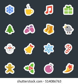 Winter and Christmas vector stickers icon set on dark background. Flat style labels collection. Good for scrapbook, diary, creativity use.