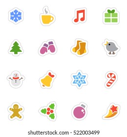 Winter and Christmas vector stickers icon set on white background. Flat style winter and Christmas labels collection. Good for scrapbooking, diary, creativity use.