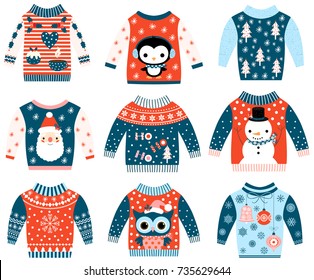 Winter and Christmas vector ugly and cute sweaters in flat style in blue and red colors with owl