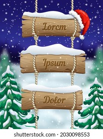 Winter christmas vertical banner with hanging wooden sign and red santas hat on blurred forest night background. snow landscape with fir trees and signboard. cute template for mobile, ads, game design