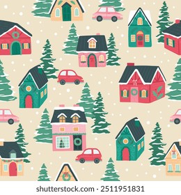 Winter Christmas village and cars seamless pattern 