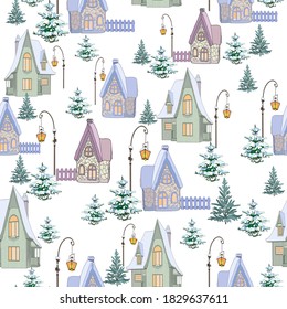 Winter Christmas village. Decorative vector illustration of nature, village, houses, trees. Drawings for poster, background or postcard.