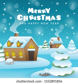 Winter christmas village illustration with christmas greeting letter