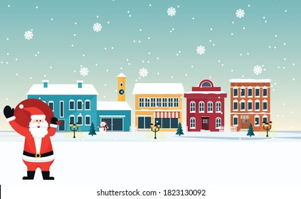 Winter Christmas village landscape with Santa Claus. Space for your text. Vector	