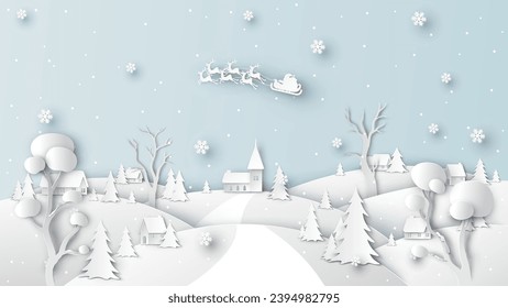 Winter Christmas with village and Santa Claus flying on the sky. Merry Christmas and Happy New Year. paper cut and craft style. vector, illustration.