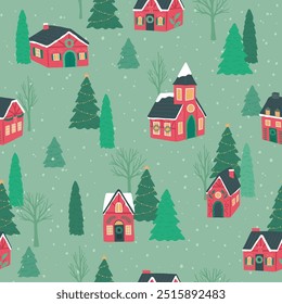 Winter Christmas village seamless pattern vector illustration