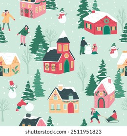 Winter Christmas village snowman seamless pattern 