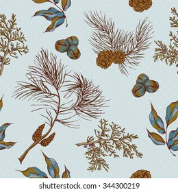 Winter Christmas vintage seamless background with spruce branches and fir cones, vector illustration