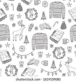 Winterweihnachtsfeste, gemütliche Objekte mit Hirsch, Pullover, Kranz, Tannenbaum, Lichter, Buch, Kerze, Stern, Schneeflocken, Kaffeetasse, geschlagen, gepflasterte, nahtlose, handgezeichnete Vektormuster.