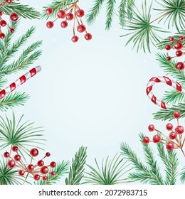 Winter Christmas watercolor background with branches and holly berries, vector illustration